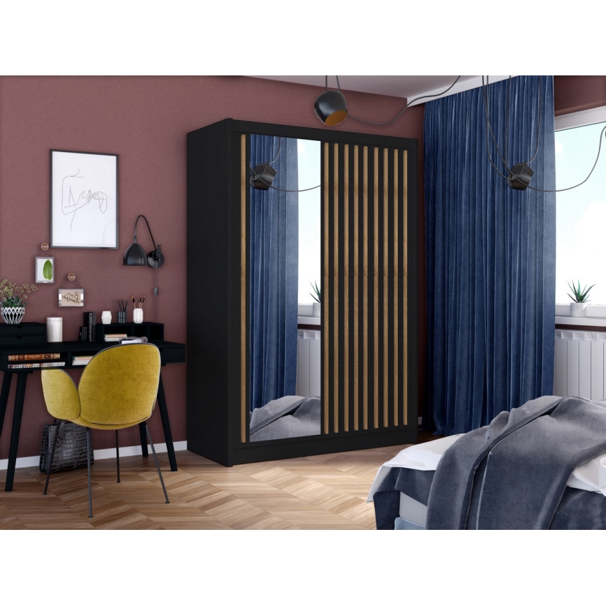 Kleiderschrank mit Spiegel SANTINO 150x215 cm schwarz/Eiche Craft