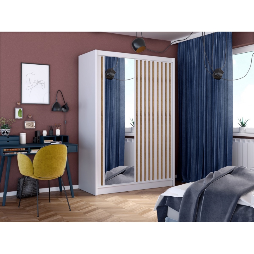 Kleiderschrank mit Spiegel SANTINO 150x215 cm weiß/Eiche Craft