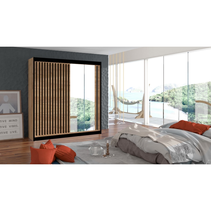 Kleiderschrank mit Spiegel SANTINO 203x215 cm Eiche Craft/schwarz