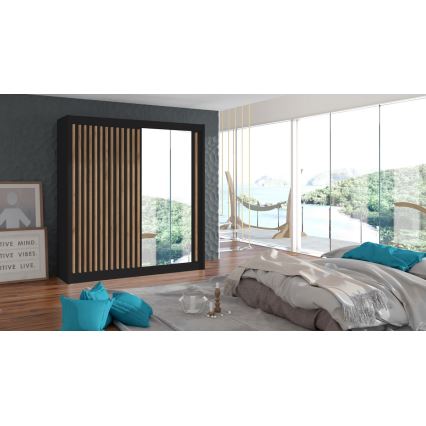 Kleiderschrank mit Spiegel SANTINO 203x215 cm schwarz/Eiche Craft