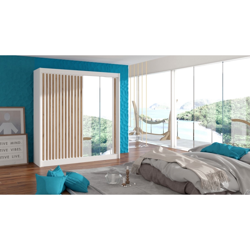 Kleiderschrank mit Spiegel SANTINO 203x215 cm weiß/Eiche Craft