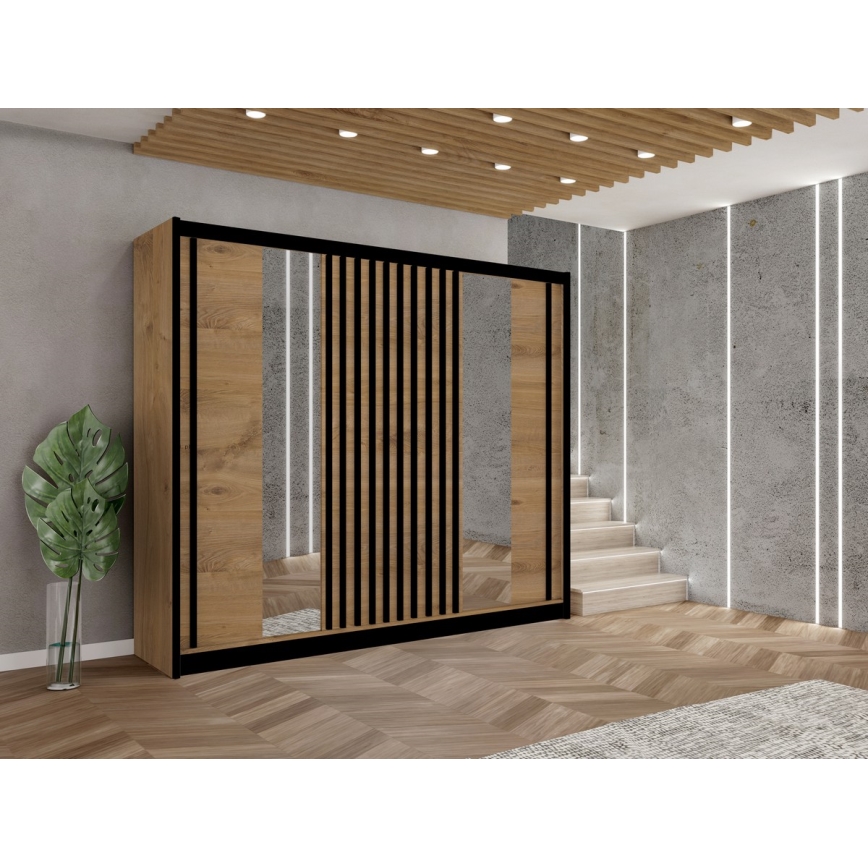 Kleiderschrank mit Spiegel SANTINO 250x215 cm Eiche Craft/schwarz