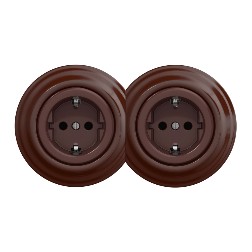 Kliklap - Doppelsteckdose im Retro-Design mit Abdeckrahmen, SCHUKO 230 V, braun