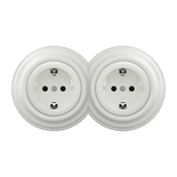 Kliklap - Doppelte Retro-Steckdose für den Hausgebrauch mit Rahmen SCHUKO 230V/16A, weiß
