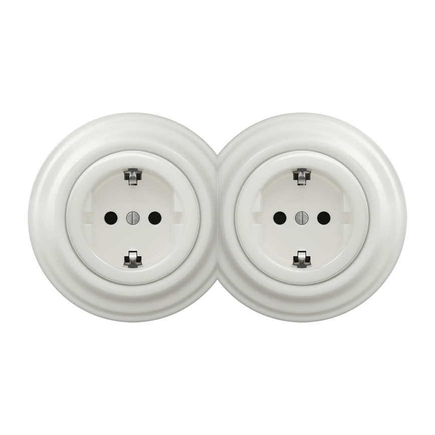 Kliklap - Doppelte Retro-Steckdose für den Hausgebrauch mit Rahmen SCHUKO 230V/16A, weiß