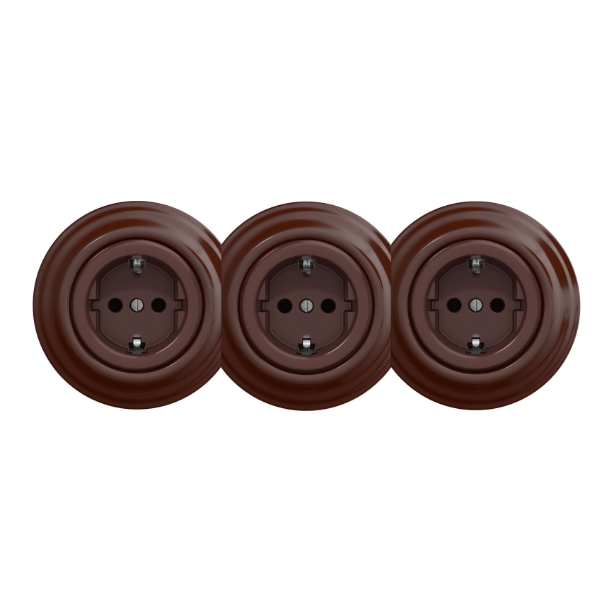 Kliklap - Dreifach-Retro-Wandsteckdose mit Rahmen, SCHUKO, 230 V, braun