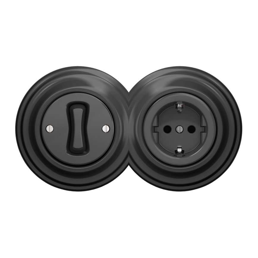 Kliklap - Retro einpoliger Schalter Nr. 1 und SCHUKO-Steckdose 230 V mit anthrazitfarbenem Rahmen