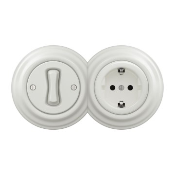 Kliklap - Retro einpoliger Schalter Nr. 1 und SCHUKO-Steckdose 230 V mit Rahmen, weiß