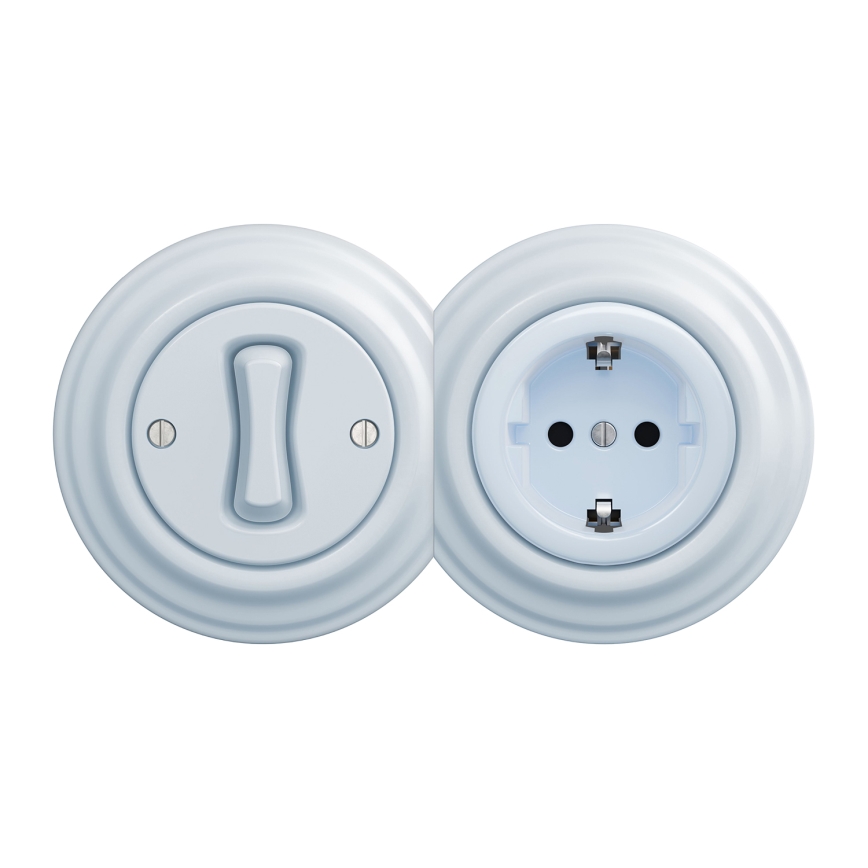 Kliklap - Retro-Einpoliger Schalter Nr. 1 und SCHUKO-Steckdose 230V mit Rahmen, blau