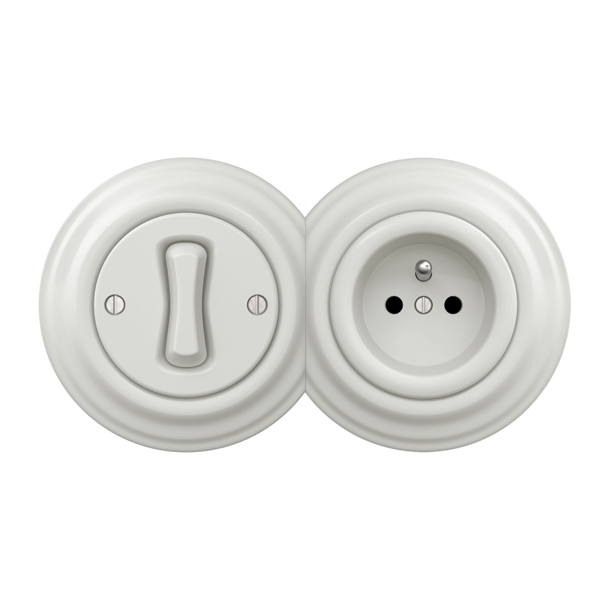 Kliklap - Retro einpoliger Schalter Nr. 1 und Steckdose 230 V mit Rahmen, weiß