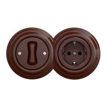 Kliklap - Retro-Einpolschalter Nr. 1 und SCHUKO-Steckdose 230 V mit Rahmen, braun