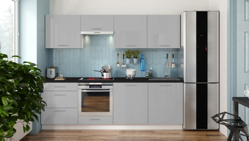 Küche CELESTE 240 cm glänzend grau