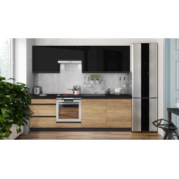 Küche MARINA 240 cm Eiche beige/hochglänzend schwarz