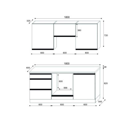 Küchenzeile MARINA 180 cm Eiche Craft / Hochglanz-Schwarz