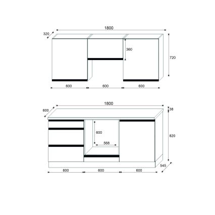 Küchenzeile MARINA 180 cm Eiche Craft / Hochglanz-Schwarz