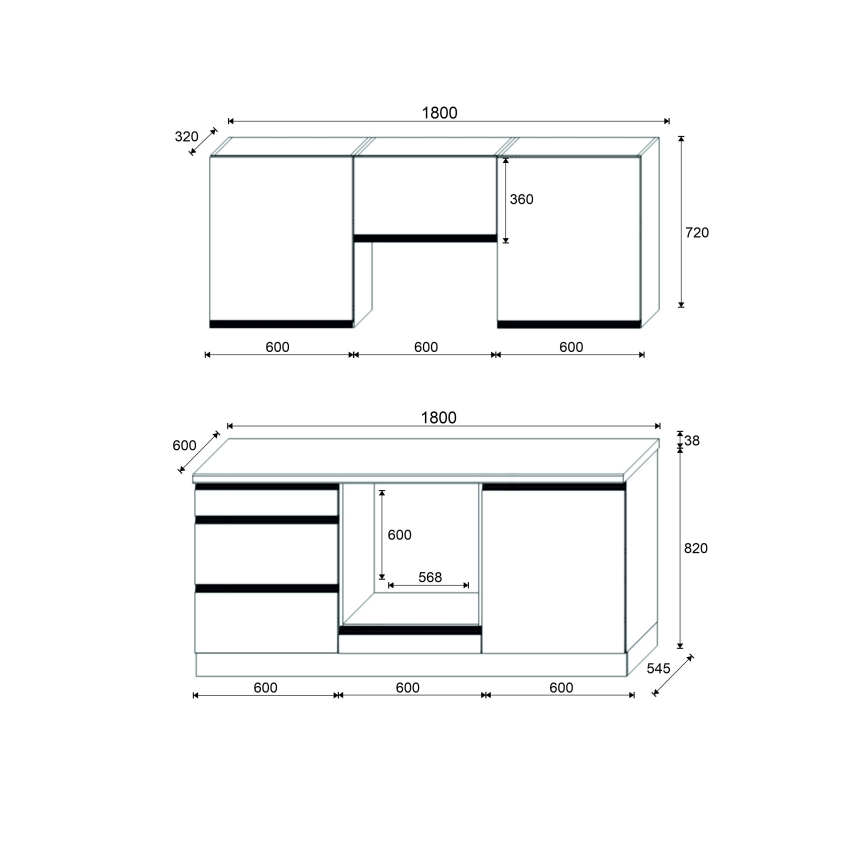 Küchenzeile MARINA 180 cm Eiche Craft / Hochglanz-Schwarz