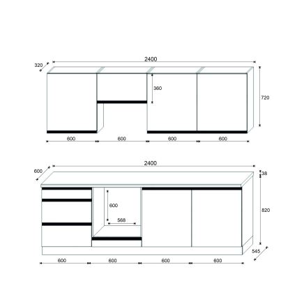 Küchenzeile MARINA 240 cm Craft-Eiche/Hochglanz-Schwarz
