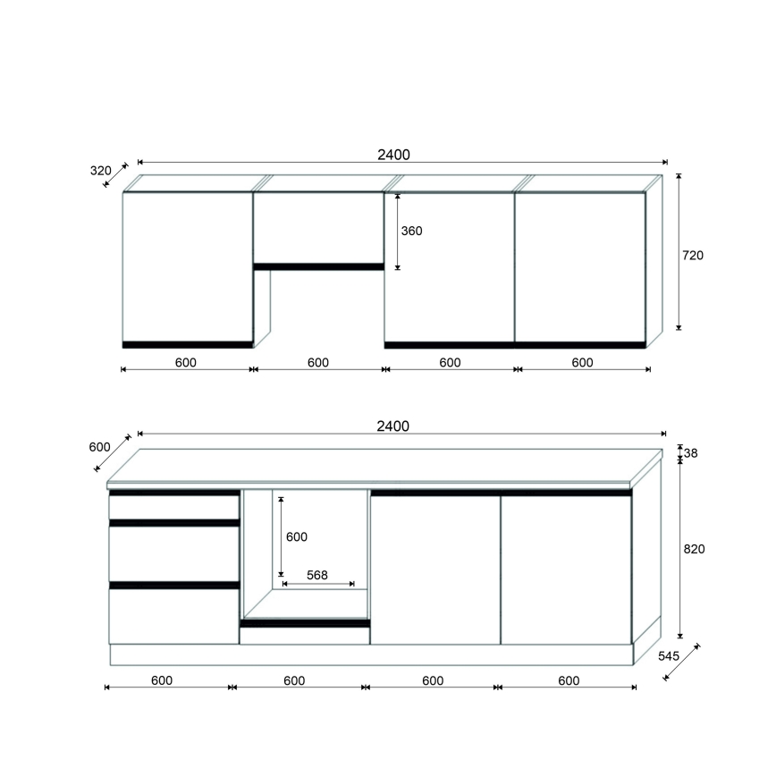 Küchenzeile MARINA 240 cm Craft-Eiche/Hochglanz-Schwarz
