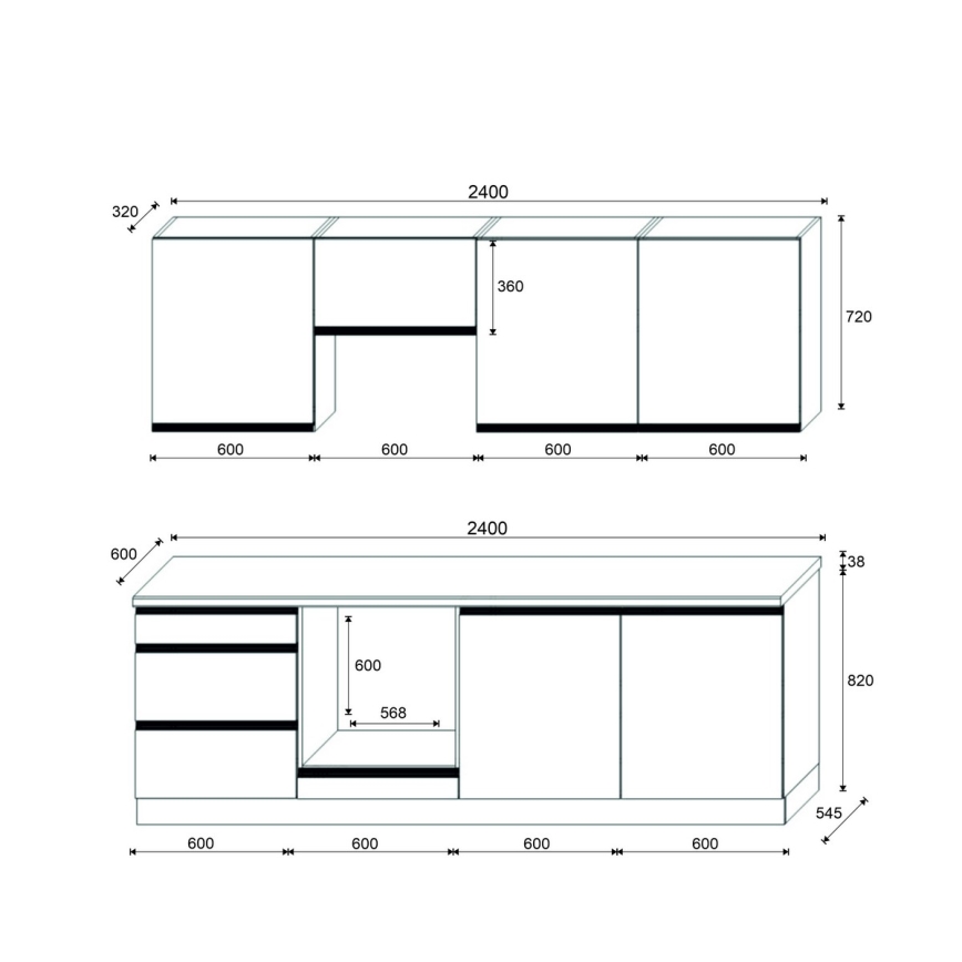 Küchenzeile MARINA 240 cm, Craft-Eiche/weiß Hochglanz