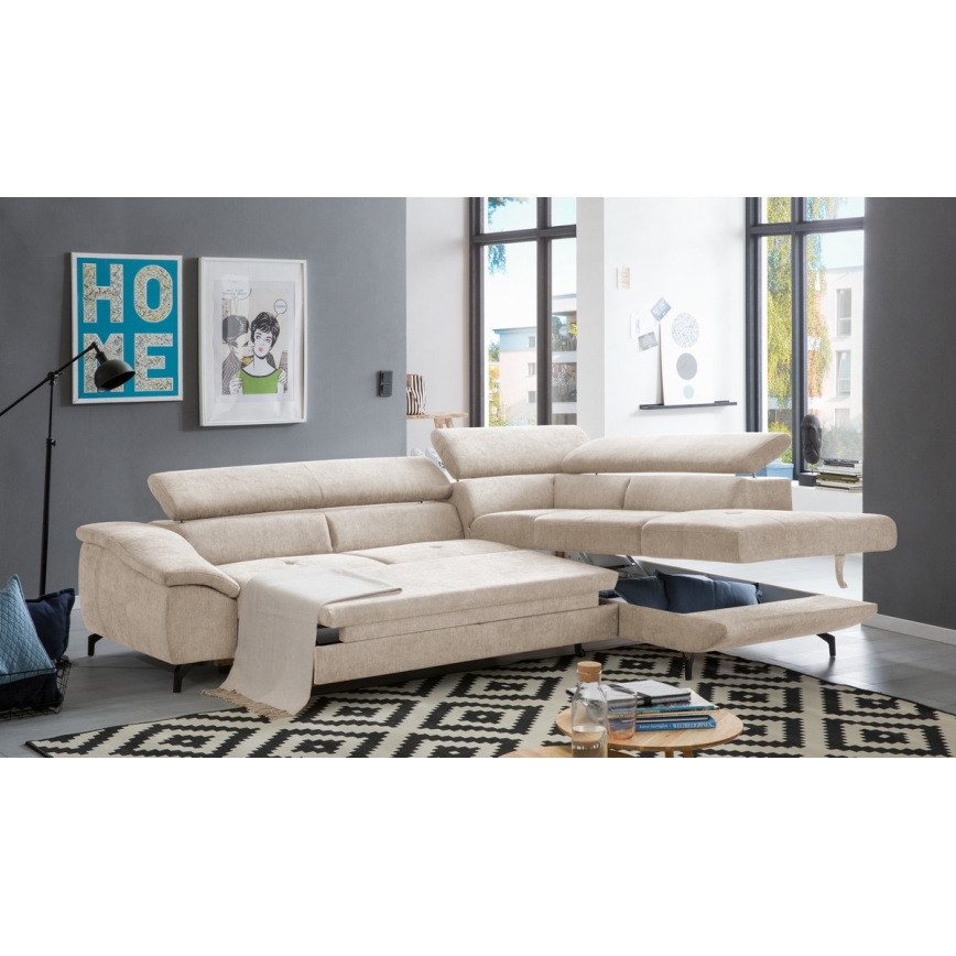L-förmiges, klappbares Ecksofa mit Stauraum BRESCIA rechts beige