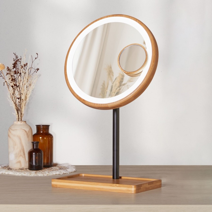 Lanaform - Dimmbarer Kosmetikspiegel mit LED-Beleuchtung, 5V USB, Bambus