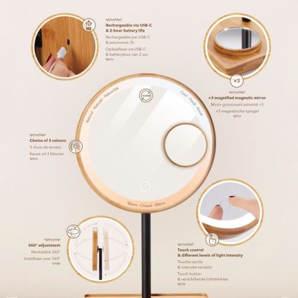 Lanaform - Dimmbarer Kosmetikspiegel mit LED-Beleuchtung, 5V USB, Bambus