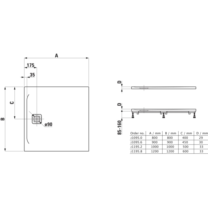LAUFEN H2109560000001 - Quadratische Duschwanne PRO 90x90 cm marbond/weiß