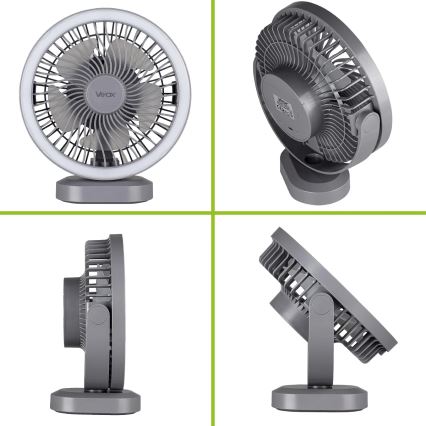 LED Wiederaufladbarer Tischventilator mit LED-Beleuchtung LED/3W/5V USB 2400 mAh Grau