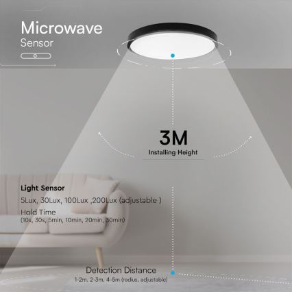 LED Badezimmer-Deckenleuchte mit Sensor SAMSUNG CHIP LED/18W/230V IP44 4000K Ø 29 cm Schwarz + Fernbedienung