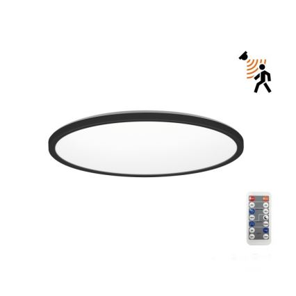 LED Badezimmerleuchte mit Bewegungs- und Dämmerungssensor NIVERA LED/12W/230V IP54 3000/4000/6000K Ø 22,5 cm schwarz + Fernbedienung