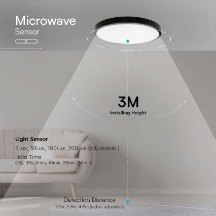 LED-Deckenleuchte für Badezimmer mit Sensor LED/18W/230V 4000K IP44 d 29,5 cm schwarz + Fernbedienung