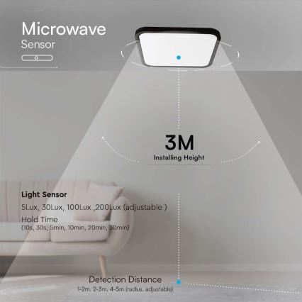 LED-Deckenleuchte für Badezimmer mit Sensor LED/36W/230V 4000K IP44 42x42 cm schwarz + Fernbedienung