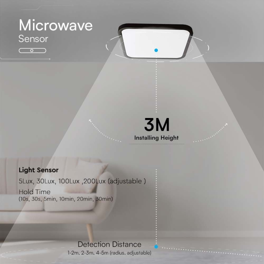 LED-Deckenleuchte für Badezimmer mit Sensor LED/36W/230V 4000K IP44 42x42 cm schwarz + Fernbedienung
