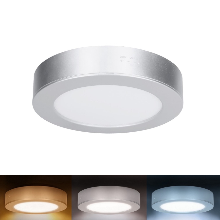 LED-Deckenpanel 2-in-1 (Aufputz-/Einbau-Panel), 12 W, 230 V, 3000/4000/6000 K, Ø17 cm, IP54, silber