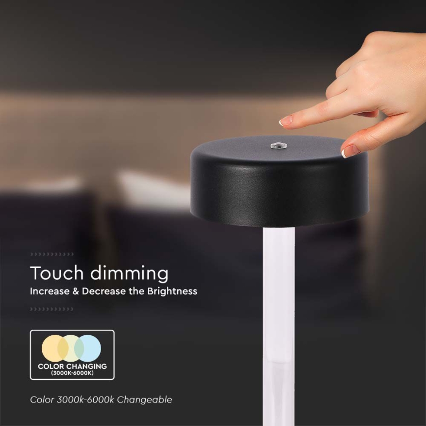 LED dimmbare, wiederaufladbare Touch-Tischlampe LED/3W/5V 3000-6000K 2400 mAh schwarz