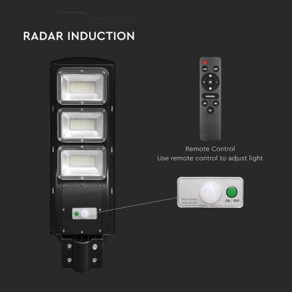 LED dimmbare Solar-Straßenleuchte mit Bewegungs- und Dämmerungssensor LED/12W/3,2V 6000K IP65 10000 mAh schwarz + Fernbedienung
