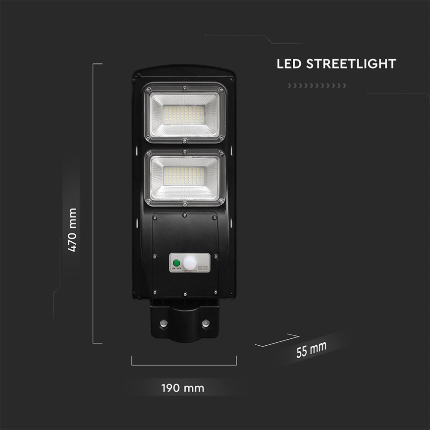 LED dimmbare Solar-Straßenleuchte mit Bewegungs- und Dämmerungssensor LED/8W/3,2V 6000K IP65 9000 mAh schwarz + Fernbedienung