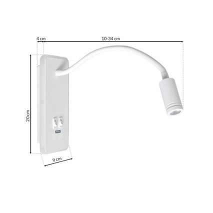 LED Flexibles Wandleuchte mit USB BASE 1xLED/8W+1xLED/2W/230V Weiß