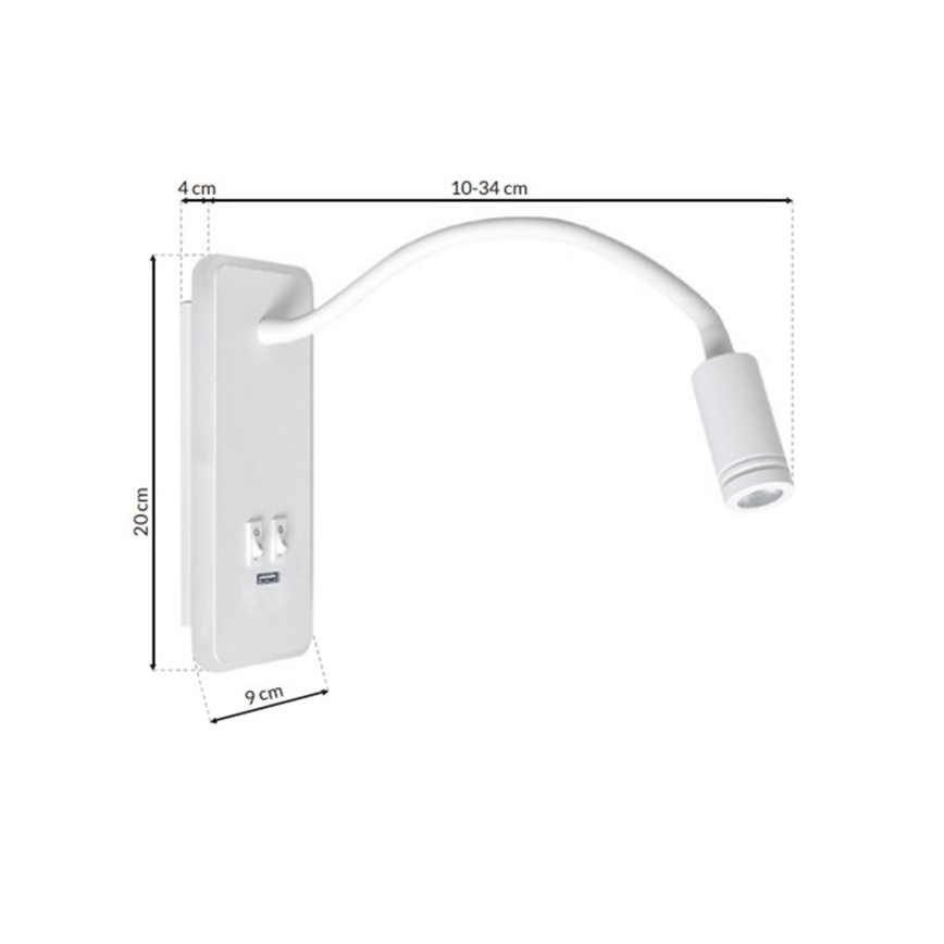 LED Flexibles Wandleuchte mit USB BASE 1xLED/8W+1xLED/2W/230V Weiß