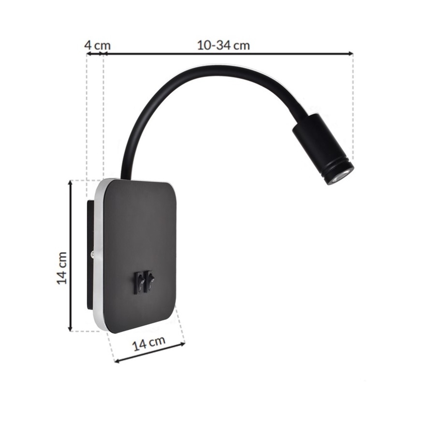 LED Flexibler Wandleuchte BASE 1xLED/8W+1xLED/2W/230V schwarz/silber