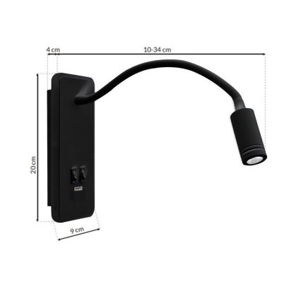 LED Flexibles Wandleuchte mit USB BASE 1xLED/8W+1xLED/2W/230V schwarz