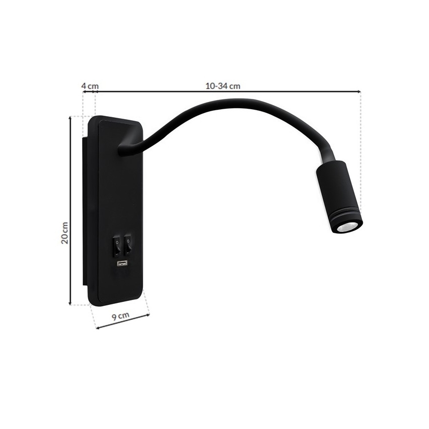 LED Flexibles Wandleuchte mit USB BASE 1xLED/8W+1xLED/2W/230V schwarz