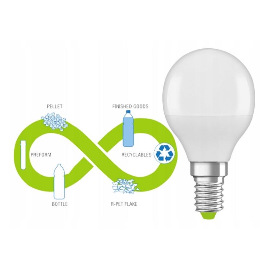 LED-Glühbirne aus recyceltem Kunststoff P45 E14/4,9W/230V 2700K - Ledvance