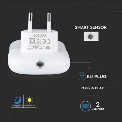 LED-Nachtlicht mit Dämmerungssensor für Steckdose 2x USB LED/0,45W/230V 4000K