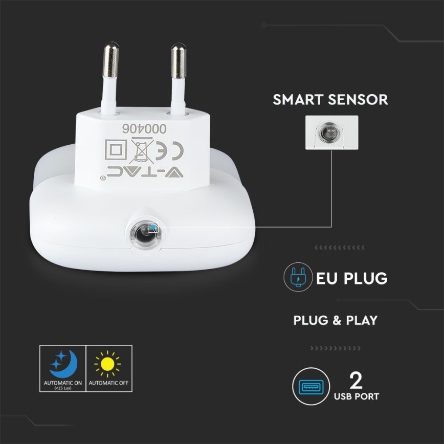 LED-Nachtlicht mit Dämmerungssensor für Steckdose 2x USB LED/0,45W/230V 4000K