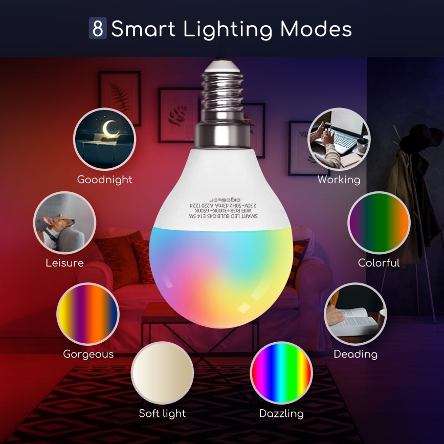 LED RGBW dimmbare Glühbirne G45 E14/5W/230V 3000-6500K Wi-Fi - Aigostar