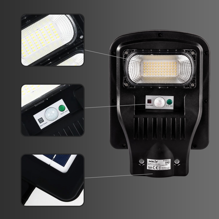Dimmbare LED-Solar-Straßenlaterne mit Sensor LED/60W/6V 5500 mAh 6500K IP65 schwarz + Fernbedienung