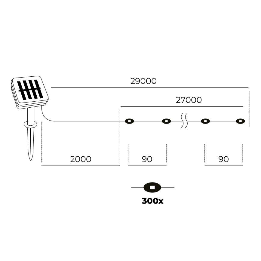 LED-Solarlichterkette 300xLED/0,12W/1,2V 1xAA 27 m IP44 3000K 800 mAh