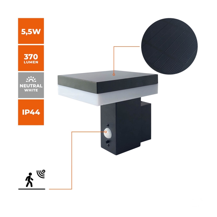 LED-Solarwandleuchte mit Sensor SOLARIS2 LED/5,5W/3,7V 4000K IP44 2600 mAh