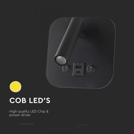 LED-Wand-Spot mit USB-Anschluss LED/8W/230V 3000K schwarz